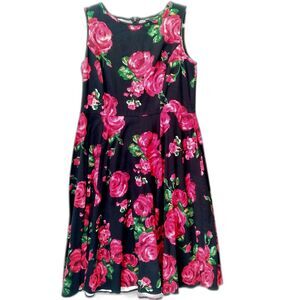 Lady Vintage Hot Pink & Icy Red Roses Floral Print Sleeveless Swing Dress XS